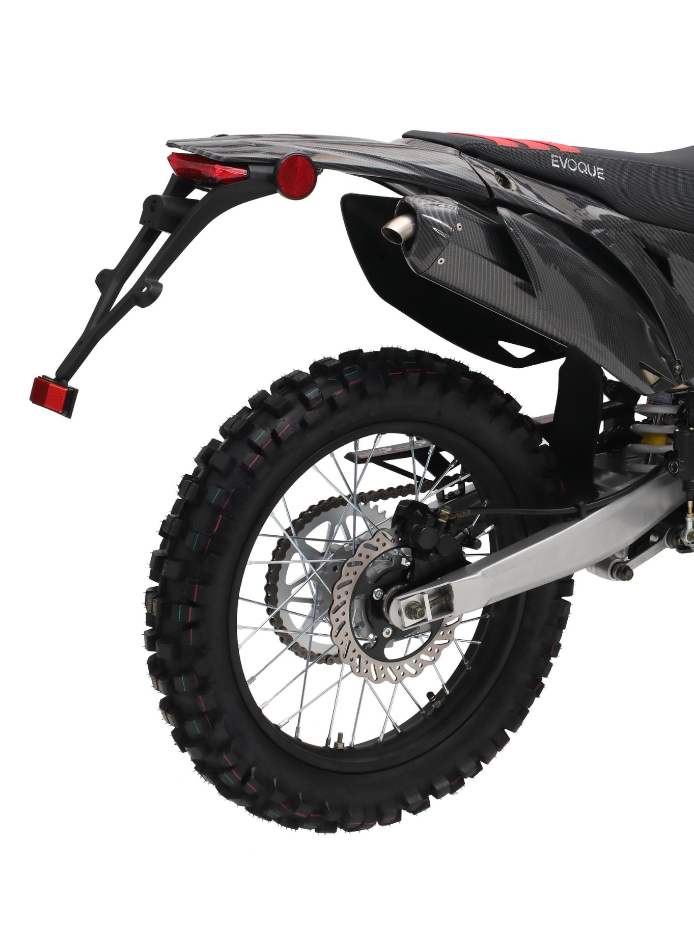 Side profile VQ-250RL dirt bike Canada,
Rear angle Evoque 250cc dirt bike,
VQ-250RL dirt bike with knobby tires