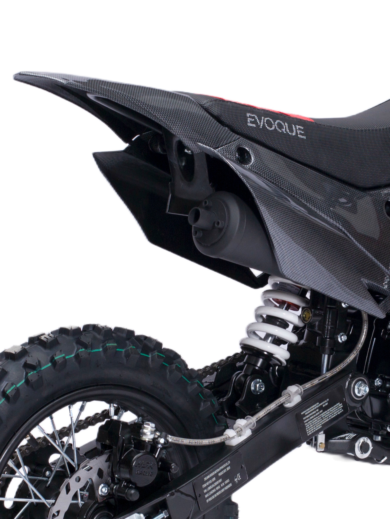 Side profile Evoque VQ-125R dirt bike,
Rear view 125cc dirt bike VQ-125R,
VQ-125R with knobby off-road tires