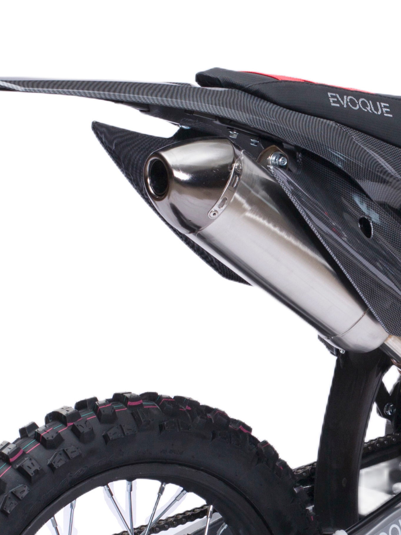 Evoque 150cc air-cooled engine close-up,
VQ-150RL dirt bike with manual transmission,
Steel frame dirt bike Evoque VQ-150RL