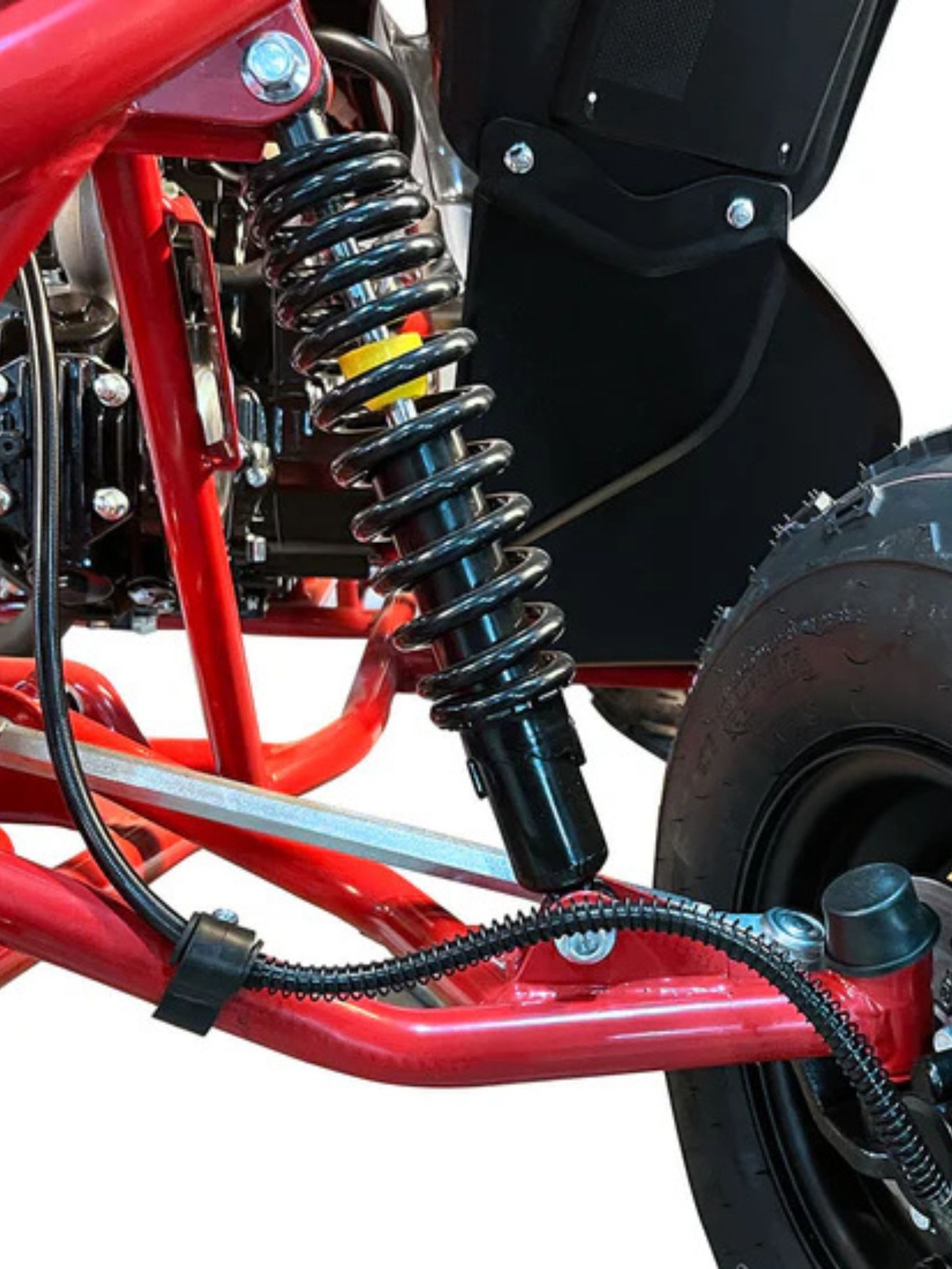 125cc air-cooled engine Evoque ATV,
Front bumper guard 125XR ATV,
Double A-arm front suspension 125XR,
Rear mono shock suspension 125XR quad