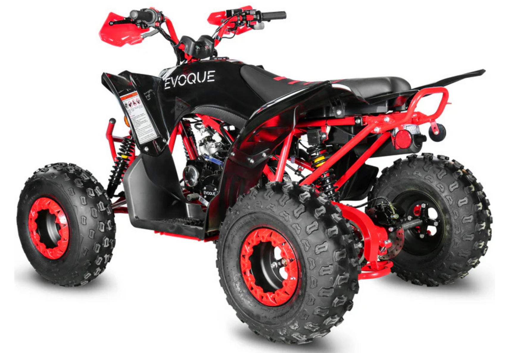 Evoque 125XR with knobby off-road tires,
125XR quad bike with alloy wheels,
125cc air-cooled engine Evoque ATV,
Front bumper guard 125XR ATV,
Double A-arm front suspension 125XR,
Rear mono shock suspension 125XR quad,
Evoque 125XR with front and rear racks,
LED headlight on Evoque 125XR ATV